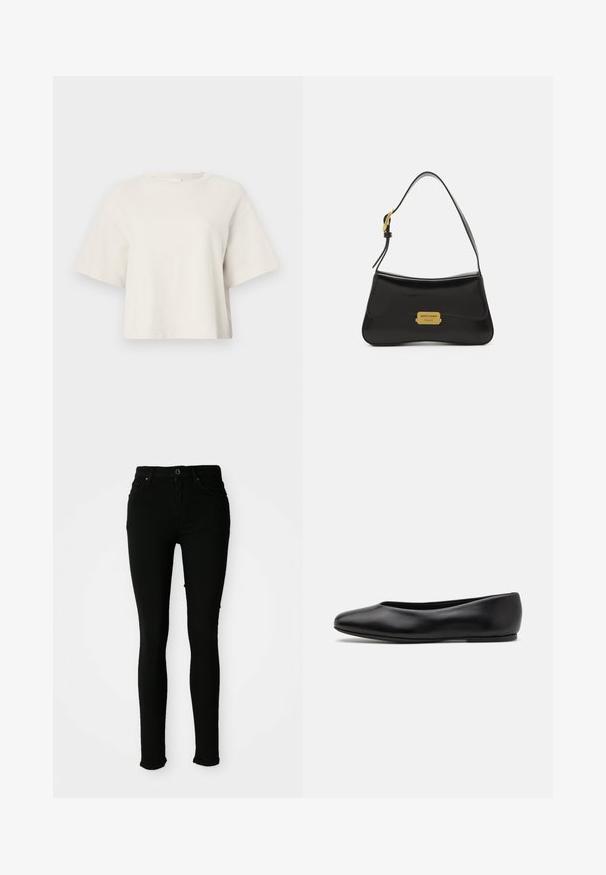 T-shirt cropped de cor creme, feita de tecido canelado, com decote redondo e mangas curtas, apresentando um ajuste descontraído.; Jeans skinny pretos feitos de denim com uma textura suave, apresentando um fecho de botão, passadores para cinto e sem desgastes visíveis.; Paul Smith TOPANGA - Sabrinas - black; Mala de couro preta com um design curvado, placa em ouro com o logotipo como detalhe e uma alça de ombro fina. Textura suave com um acabamento elegante.