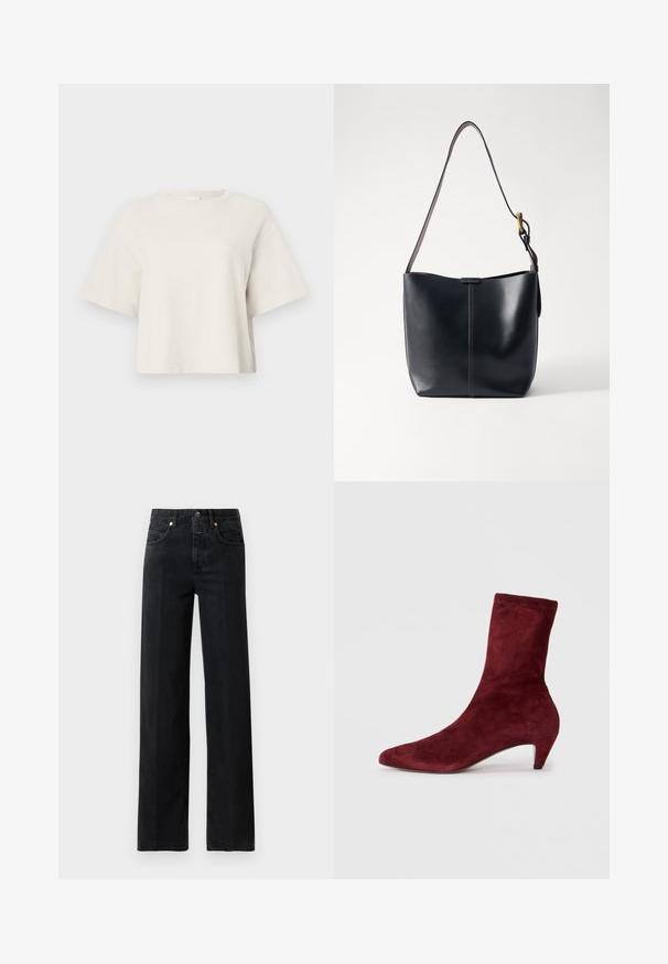 Krémové zkrácené tričko vyrobené z žebrované tkaniny, s kulatým výstřihem a krátkými rukávy v uvolněném střihu.; Černé džíny z denimu se střihem rovného nohavice. Mají pět kapes, zapínání na knoflík a minimální detaily prošívání. Klasický design.; Burgundské sukně kotníkové boty s špičatou špičkou a nízkým podpatkem. Hladký povrch a elegantní design bez viditelného kování nebo vzorů.; Černá kožená taška přes rameno s hladkým povrchem, která má tenký, dlouhý popruh a jemný prošívaný detail uprostřed.