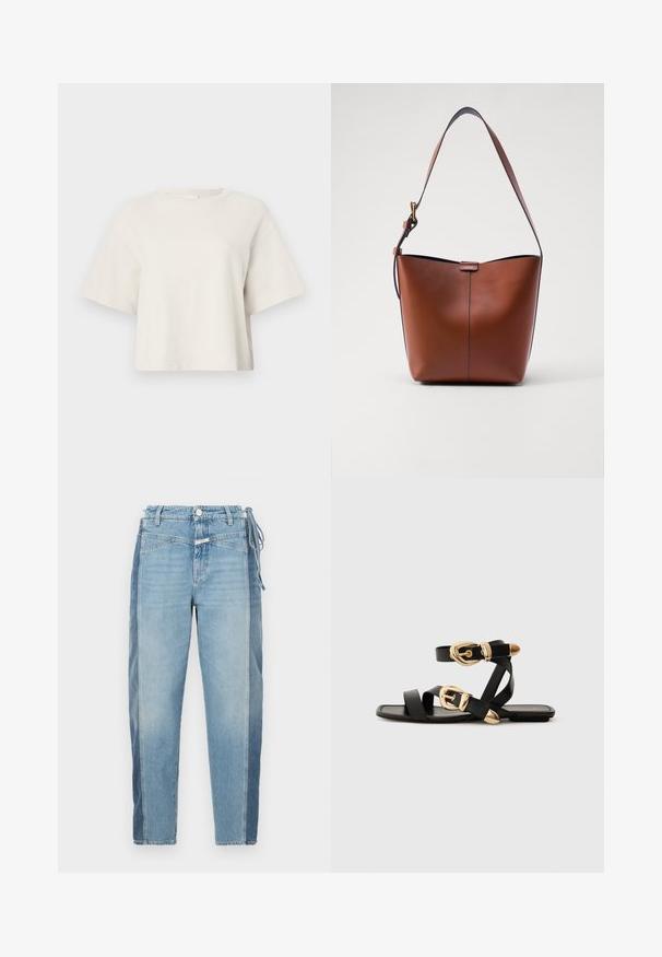 Kreminės spalvos trumpas marškinėlis, pagamintas iš gurguliuojančio audinio, su apvalia kaklo linija ir trumpomis rankovėmis, pasižymintis laisvu siluetu.; Šviesiai mėlynos džinsinės kelnės su dviejų atspalvių deriniu, tiesaus kirpimo, su juosmeniu surišamu detaliu. Išblukusi tekstūra ir šiurkštus apvadas.; Juodos odinės šlepetės su auksiniais sagtelėmis, turinčios daugybę dirželių ir plokščią padą, skirtos atviriems pirštams.; Ruda odinė petinė rankinė su kreivam formu, lygia tekstūra ir viena plona juosta. Yra švelni siūlė ir mažas logotipo elementas.