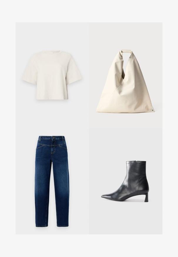 Kremna skrajšana majica narejena iz rebraste tkanine, z okroglim izrezom in kratkimi rokavi ter sproščenim krojem.; Temno modri jeans z ravnim krojem, petimi žepi, zapenjanjem na zgornji gumb in oranžnimi šivi.; Črne usnjene gležnjarje s šiljastim nosom in elegantnim dizajnom. Imajo nizko peto in zadrgo na zadnji strani. Gladka tekstura.; Bežna, mehka torba z edinstvenim zvitim ročajem in diagonalnim šivom. Minimalističen dizajn z okroglo podlago.