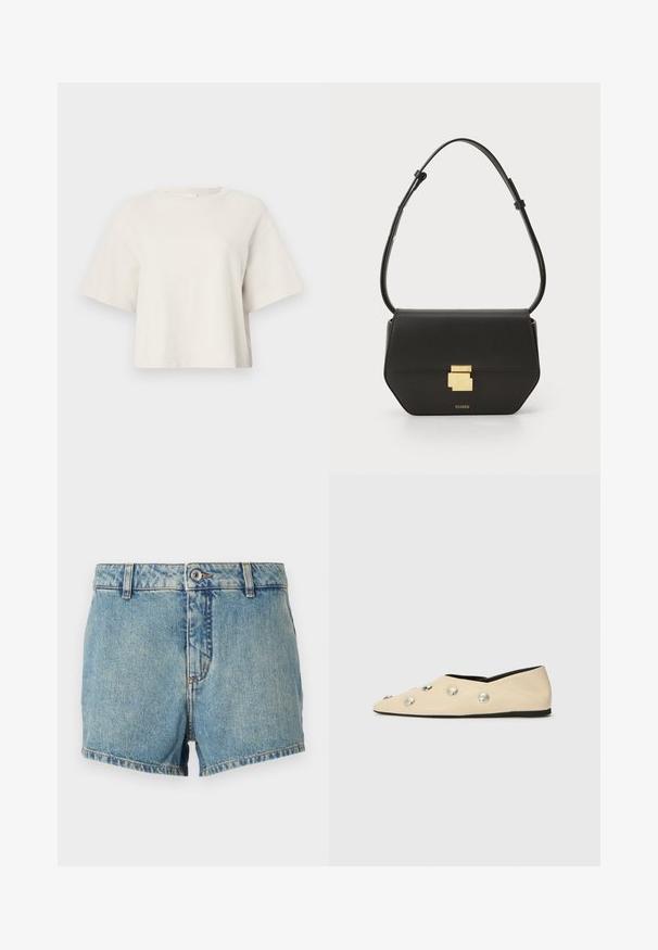 T-shirt cropped de cor creme, feita de tecido canelado, com decote redondo e mangas curtas, apresentando um ajuste descontraído.; Calças de ganga em azul claro com uma textura desbotada, corte reto e bordas cosidas. Apresenta um botão frontal e um design clássico de 5 bolsos.; CLOSED Sabrinas - ecru; CLOSED CLOSED ONE - Mala a tiracolo - black