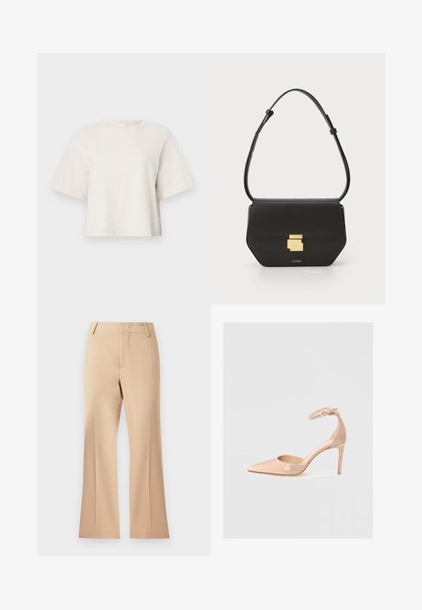 Crème-kleurige cropped t-shirt gemaakt van ribstof, met een ronde halslijn en korte mouwen in een relaxte pasvorm.; Beige wijde broek met een gladde textuur, voorzien van een medium taille en nette voorplooien. Eenvoudig ontwerp, geen zichtbare versieringen.; Nude patenten leren puntige schoen met een enkelbandje en een stilettohak, met een gladde textuur en een minimalistisch ontwerp.; CLOSED CLOSED ONE - Schoudertas - black