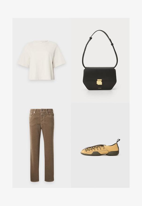 Kremowa krótka koszulka z miękkiego materiału o prążkowanej strukturze, z okrągłym dekoltem i krótkimi rękawami w luźnym kroju.; Brązowe nogawki w prążki proste z przednimi kieszeniami, szlufkami na pasek i zapięciem na guzik na białym tle.; Żółte zamszowe buty na sznurówki z ciemnozieloną gumową podeszwą i pętlą na pięcie, pokazane z boku na jasnoszarym tle.; CLOSED - Torba na ramię