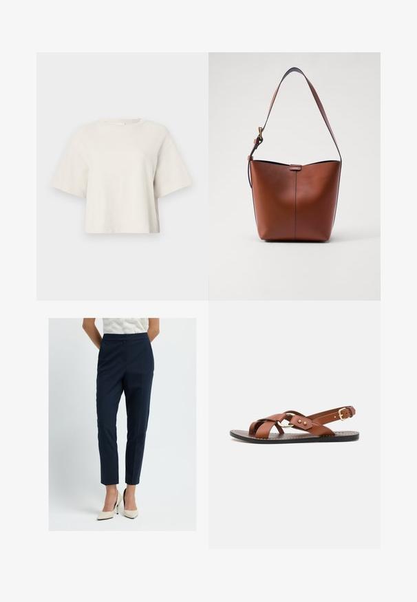 Krémové zkrácené tričko vyrobené z žebrované tkaniny, s kulatým výstřihem a krátkými rukávy v uvolněném střihu.; Námořnické pruhované kalhoty s upraveným střihem, zúženými nohavicemi a plochým předním dílem, v kombinaci s béžovými lodičkami na vysokém podpatku.; Sœur FLORENCE - Páskové sandály - cognac; Hnědá kožená taška přes rameno s zakřiveným tvarem, hladkou texturou a jedním tenkým popruhem. Obsahuje jemný šev a malý detail loga.