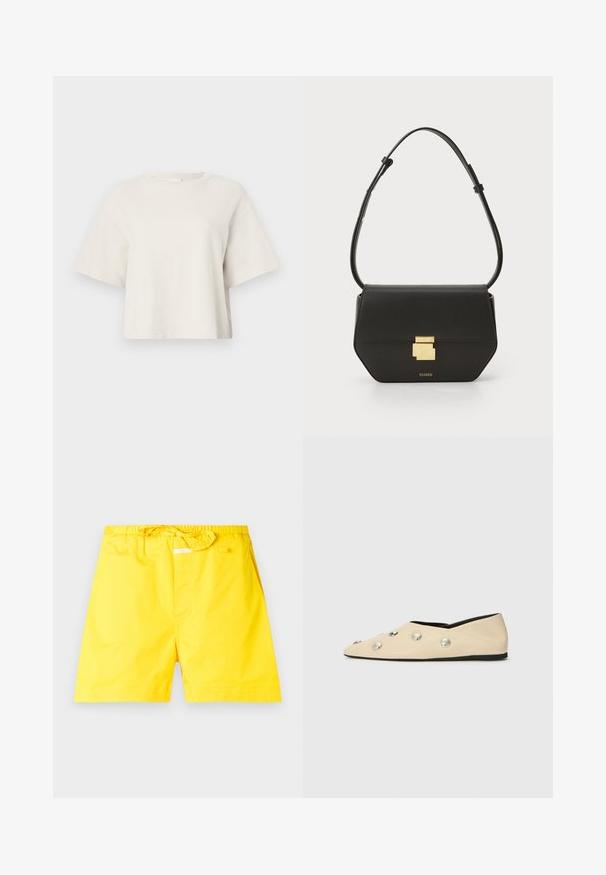 T-shirt court de couleur crème en tissu côtelé, avec un col rond et des manches courtes, offrant une coupe décontractée.; Shorts de bain jaunes avec une taille élastique et un cordon de serrage ajustable. Dispose d'une texture lisse sans motifs ni accents visibles.; CLOSED Ballerines - ecru; CLOSED CLOSED ONE - Sac bandoulière - black