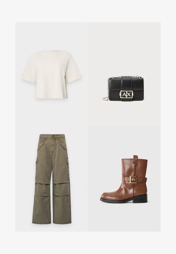 T-shirt cropped de cor creme, feita de tecido canelado, com decote redondo e mangas curtas, apresentando um ajuste descontraído.; Calças cargo caqui em algodão, com um estilo de perna larga, vários bolsos e detalhes costurados. Adequadas para uso casual.; Bota de tornozelo em couro castanho, com bico arredondado, detalhe em fivela dourada na faixa e um salto baixo e texturizado na cor preta. Design simples e elegante.; Pasta de couro preto com design acolchoado, alça de corrente prateada e um proeminente logótipo prateado "AX" na frente. Forma retangular compacta.
