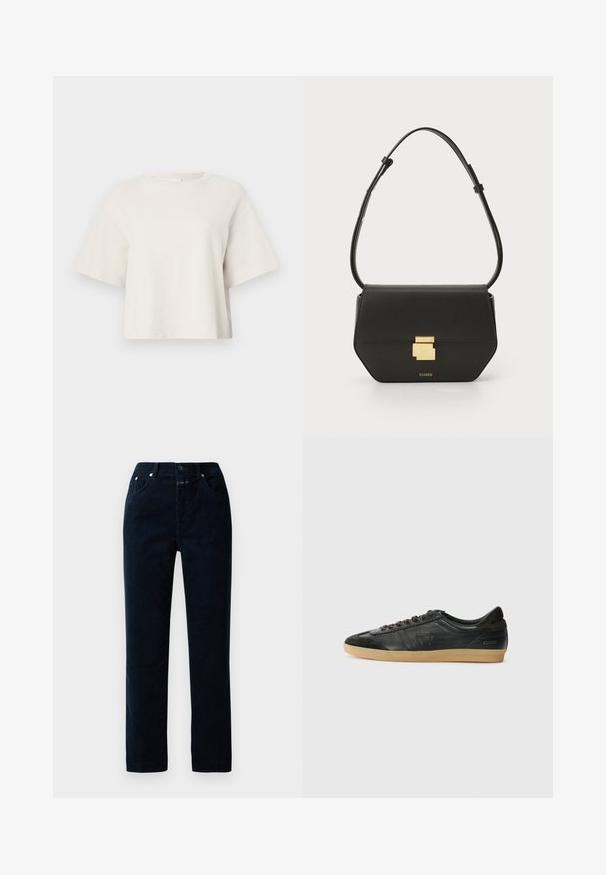 Kreemikas värvitoonis lühikese varrukaga lühike T-särk, mis on valmistatud ribakanga materjalist, ümmarguse kaeluse ja vaba lõikega.; Tumed põhjakardinaga sirged püksid, millel on esikotid, tõmblukk ja metallnupud vööl.; Must musta tossud suede detailidega, ümar nina, kummine tallas, sirged paelad ja tikitud detailid. Omab brändi logo kontsapaneelil.; CLOSED CLOSED ONE - Ülerinna-kott - black