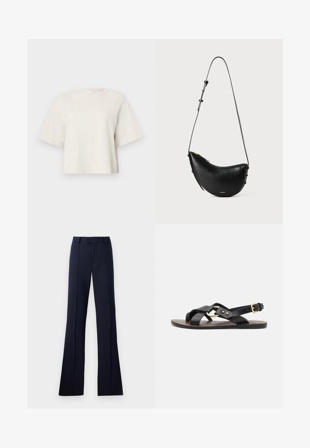 T-shirt cropped de cor creme, feita de tecido canelado, com decote redondo e mangas curtas, apresentando um ajuste descontraído.; Calças de boca flare em azul marinho, feitas de um tecido suave. Apresentam frente lisa, passantes para cinto e pregas marcadas. Sem padrões ou detalhes visíveis.; Sandal de couro preto com alças cruzadas e um detalhe circular em tom dourado. Sola plana com fecho de fivela no tornozelo.; Bolsa de couro preto com um formato curvo e uma alça ajustável única. Apresenta um fecho em zíper e um hardware dourado minimalista.