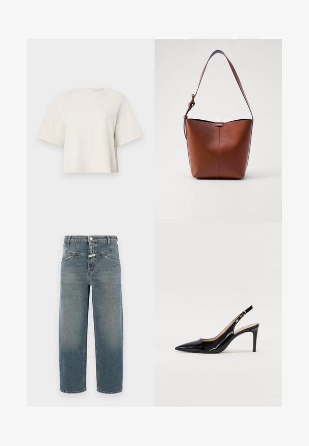 Cream-colored cropped t-shirt made from ribbed fabric, featuring a round neckline and short sleeves with a relaxed fit.; CLOSED STOVER X - Jeans Tapered Fit - mid blue; Black patent leather slingback pump with pointed toe, slim heel, and a subtle cutout design. Features a gold buckle on the strap.; Brown leather shoulder bag with a curved shape, smooth texture, and a single thin strap. Features a subtle seam and a small logo detail.