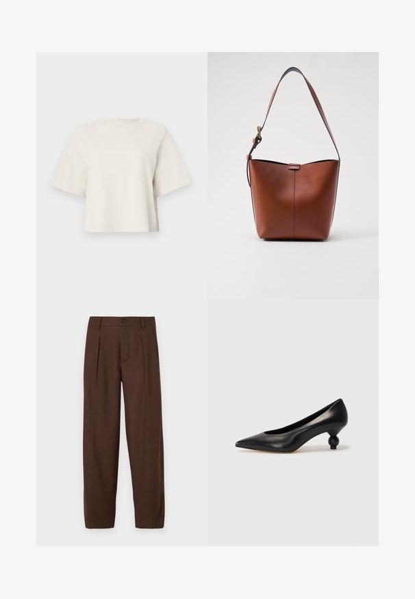 Cream-colored cropped t-shirt made from ribbed fabric, featuring a round neckline and short sleeves with a relaxed fit.; Brown pleated trousers with a straight leg design, featuring a front button closure and textured fabric, suitable for formal settings.; Black leather high heel shoe with a pointed toe and a round, balled heel. Smooth texture with a sleek, minimal design.; Brown leather shoulder bag with a curved shape, smooth texture, and a single thin strap. Features a subtle seam and a small logo detail.