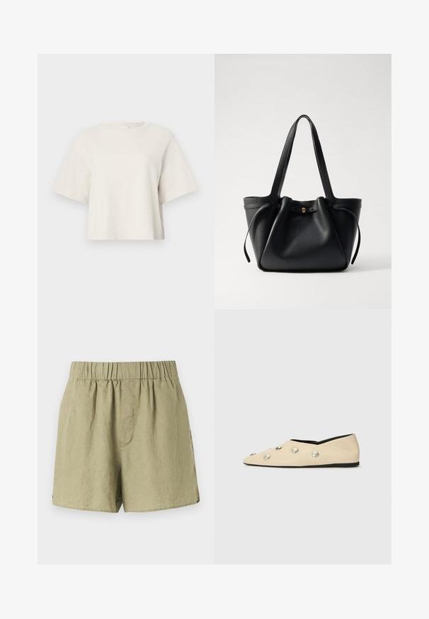 Cremfarbener, gekürzter T-Shirt aus Rippstoff, mit rundem Ausschnitt und kurzen Ärmeln in lockerer Passform.; Helle grüne Leinenkurzshorts mit einem elastischen Bund, Seitentaschen und einem lockeren Schnitt. Sie verfügen über einen glatten, leicht strukturierten Stoff.; CLOSED Klassischer Ballerina - ecru; Schwarze Leder-Tote mit zwei langen Tragegriffen, einem gerafften oberen Teil und einem goldenen runden Akzent. Glatte Textur mit minimalistischem Design.