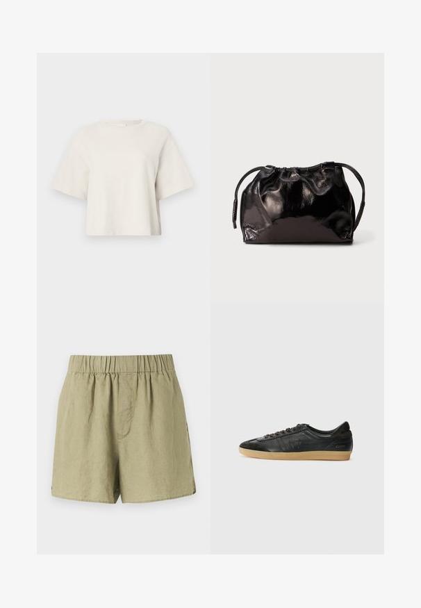 Kremowa krótka koszulka z miękkiego materiału o prążkowanej strukturze, z okrągłym dekoltem i krótkimi rękawami w luźnym kroju.; Jasnozielone lniane szorty z elastycznym paskiem w talii, bocznymi kieszeniami i luźnym krojem. Charakteryzują się gładką, lekko teksturowaną tkaniną.; Czarne skórzane sneakersy z zamszowymi akcentami, okrągły nos, gumowa podeszwa, płaskie sznurowadła i przeszycia. Z logo marki na pięcie.; Mała, czarna, błyszcząca skórzana sakiewka ze sznurkiem i krótkimi uchwytami na jasnoszarym tle.