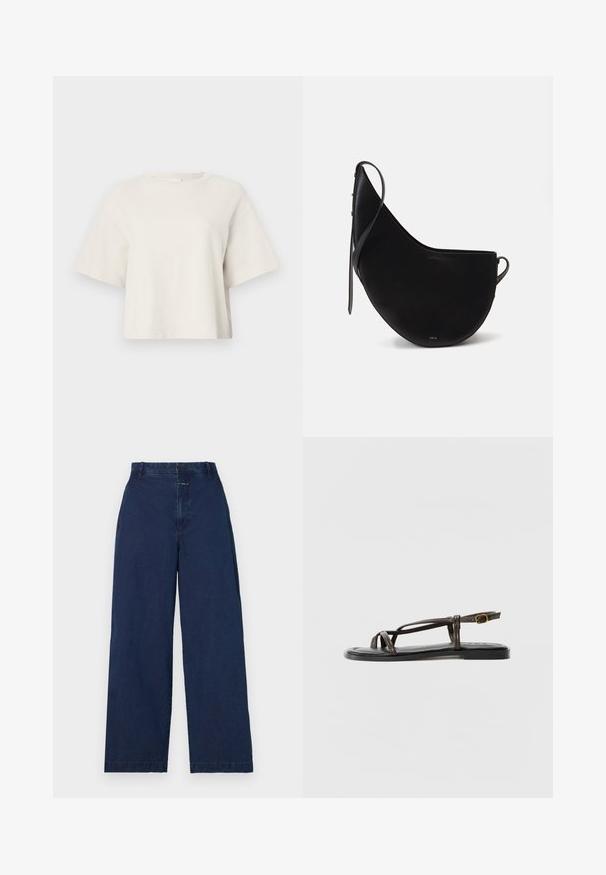 T-shirt cropped de cor creme, feita de tecido canelado, com decote redondo e mangas curtas, apresentando um ajuste descontraído.; Calças de denim escuras com pernas largas e cintura alta, apresentando um fecho frontal com botão e bolsos laterais. Textura suave com detalhamento mínimo.; Sandalha de couro castanho com tiras cruzadas, fivela no tornozelo ajustável, sola plana e uma textura suave na palmilha.; Mala de mão em couro preto com uma forma de lua curva, apresentando uma alça fina e uma discreta marcação dourada na frente. Textura suave com hardware mínimo.