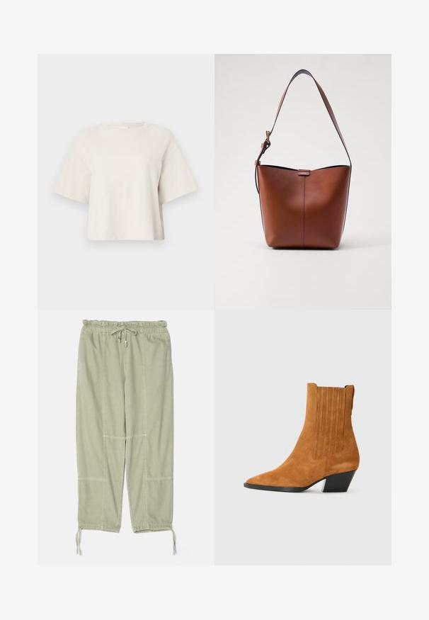 Cremfarbener, gekürzter T-Shirt aus Rippstoff, mit rundem Ausschnitt und kurzen Ärmeln in lockerer Passform.; rag & bone JORDAN PANT - Stoffhose - jade; Braune Wildleder-Stiefelette mit spitzem Zehenbereich, vertikalen Nahtdetails und einem verjüngten schwarzen Absatz. Glatte Textur über die gesamte Oberfläche.; Braune Leder-Schultertasche mit geschwungener Form, glatter Textur und einem einzelnen dünnen Trageriemen. Verfügt über eine dezente Naht und ein kleines Logodetail.