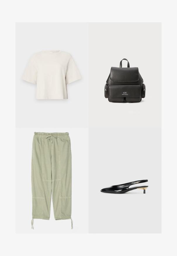 Crème-kleurige cropped t-shirt gemaakt van ribstof, met een ronde halslijn en korte mouwen in een relaxte pasvorm.; rag & bone JORDAN PANT - Broek - jade; Zwarte slingback pump met een spitse neus, glanzende leren afwerking en een kleine hak met een gouden accent. Strak ontwerp met een open achterkant.; Zwarte leren rugzak met een klepsluiting, voorvak, zijvak met ritssluitingen en een handvat aan de bovenkant. Met logo-details aan de voorkant.