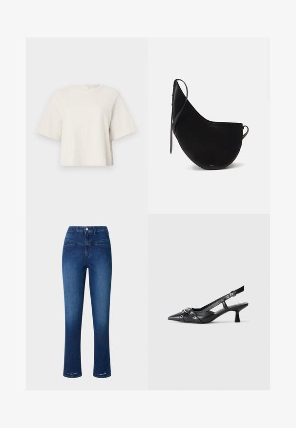 Tricou scurt de culoare crem, realizat din material cu nervuri, având un guler rotund și mâneci scurte, cu o croială lejeră.; Jeans din denim de un albastru închis, cu talie înaltă, croială slim, picioare drepte și două buzunare frontale. Au un nasture metalic și accente de cusătură.; Pantofii slingback din piele neagră, cu vârful ascuțit, curele decorative cu ochiuri din metal și toc bloc mic. Suprafață texturată.; Geantă din piele neagră cu o formă curbată de lună, având o curea subțire și un branding subtil aurit pe față. Textură netedă cu hardware minimal.