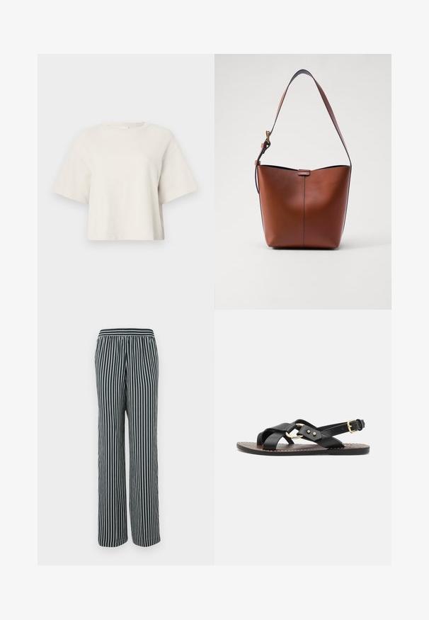 Tejszínű, rövid fazonú póló bordázott anyagból, kerek nyakkivágással és rövid ujjakkal, laza szabással.; Csíkos nadrág széles lábakkal. Tengerészkék alapja van, világosszürke függőleges csíkokkal. Gumis derékpánt a kényelmes illeszkedésért.; Fekete bőr szandál keresztbe futó pántokkal és arany színű kör alakú díszítéssel. Lapos talp és csat a bokán.; Barna bőr válltáska ívelt formával, sima felülettel és egy vékony pánttal. Diszkrét varrással és kis logóval rendelkezik.