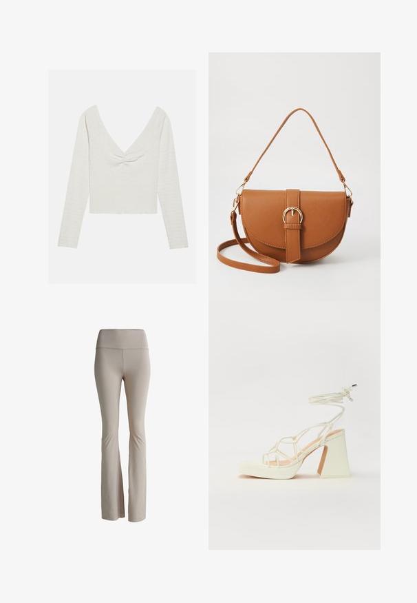 Long-sleeve, off-white top with a deep V-neck and a knotted detail at the front, featuring textured fabric and a cropped hem.; Beige flared leggings made of stretchy material. High waistband with subtle branding. Smooth texture with no visible seams or patterns.; White high-heeled sandal with a chunky heel, featuring a strappy design and ankle tie. Smooth texture with a platform front for added height.; Brown leather crossbody bag with a curved shape, gold hardware, and a buckle accent. Features a detachable shoulder strap.