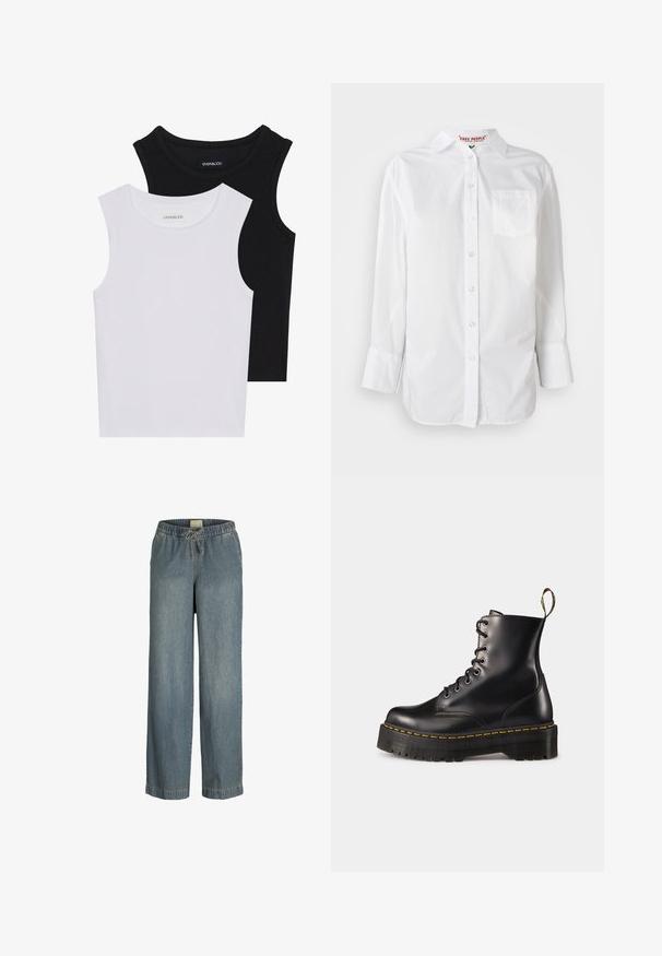 Două topuri fără mâneci, în alb și negru, fabricate din bumbac ribbed, având decolteuri rotunde și un design ajustat. Etichetele sunt vizibile pe ambele.; Cămașă albă cu mâneci lungi, cu nasturi și cu guler, având un buzunar pe piept, expusă pe un fundal simplu.; Pantaloni din denim bleu deschis cu un design cu picioare largi, talie elastică și șnur. Prezintă cusături standard și fără buzunare vizibile.; Botine din piele neagră, cu șireturi, până la gleznă, cu o talpă chunky neagră și cusături galbene. Dispune de o etichetă de tragere la spate și orificii metalice circulare.