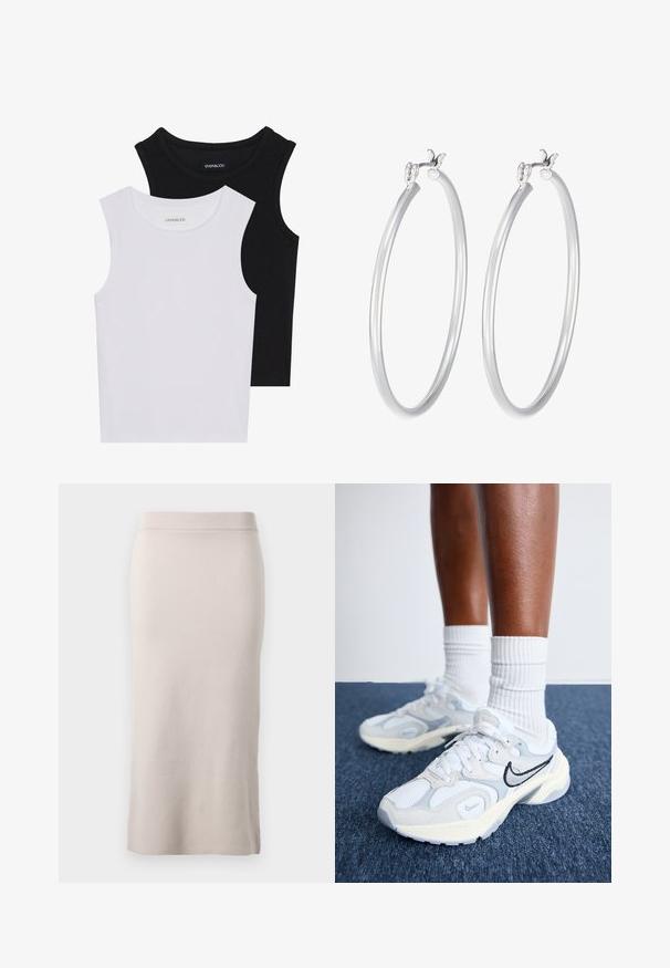 Kaks lühikeste varrukateta toppi mustas ja valges, valmistatud ribakudumist, ümarate kaelustega ja sobiva disainiga. Mõlemal on nähtavad sildid.; Kootud pliiatsiseelik heledas beežis, ribitud vöökoht, kitsas istuvus ja külgsisselõige liikumise mugavuse tagamiseks. Pehme tekstuur, minimalistlik disain.; Nike Sportswear AL8 - Tossud - white/metallic silver/black/sail/wolf grey/photon dust; Hõbedased rõngaskõrvarõngad, millel on sile ja läikiv pind, minimaalse disainiga ning kindel sulgemisseade ülaosas.