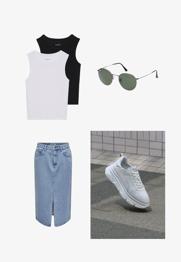 Zwei ärmellose Oberteile in Schwarz und Weiß, aus geripptem Baumwollstoff, mit runden Ausschnitten und einem taillierten Design. Etiketten auf beiden sichtbar.; Hellblaues Denim-Rock mit geradem Schnitt, vorderer Schlitze, Fünf-Taschen-Design und einem Reißverschluss mit Knopfverschluss.; Weiße Leder-Sneaker mit einer dicken, strukturierten Gummisohle, ausgestattet mit Schnürverschluss und Nahtdetails. Rund zulaufende Zehenkappe und unterstützendes Design für den Knöchel.; Metallgestellte Sonnenbrille mit ovalen grünen Gläsern. Dünner silberner Metallrahmen und schwarze Ohrstücke. Minimalistisches Design, keine sichtbaren Logos.