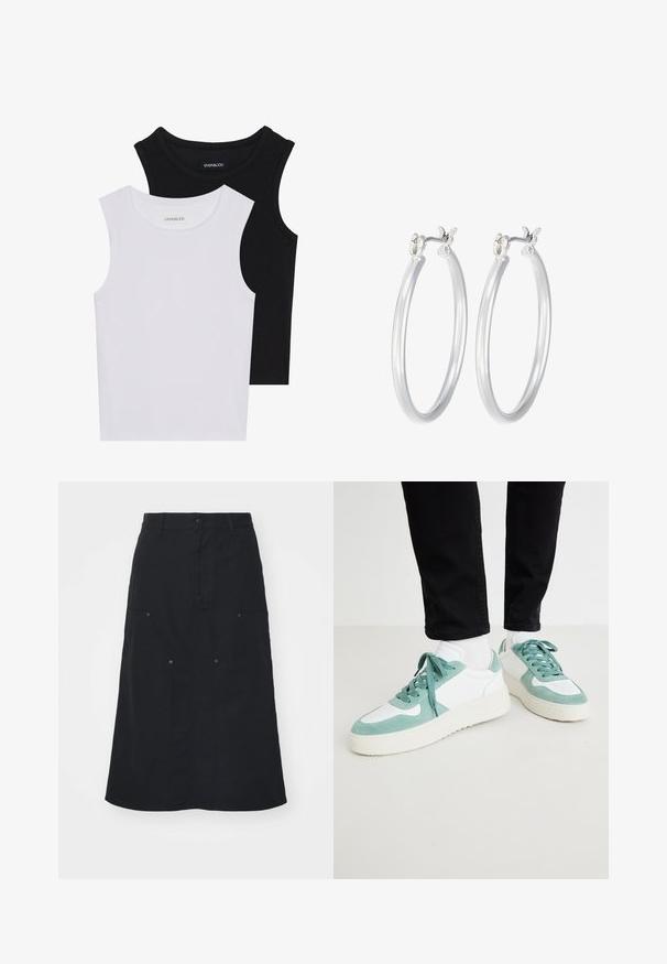 Kaks lühikeste varrukateta toppi mustas ja valges, valmistatud ribakudumist, ümarate kaelustega ja sobiva disainiga. Mõlemal on nähtavad sildid.; Must have kokk, mis on valmistatud puuvillast, esipaneelil nuppudega sulgemine, kaks suurt taskud ja sirge siluett. Sujuv tekstuur.; Kerged mintsroheline ja valge tossud, millel on sametist ja võrkmaterjale, esitlevad tekstureeritud tallat ning sobivaid paelu. Kaunistatud hõõrdumist detailidega.; Hõbedased rõngaskõrvarõngad, millel on sile, läikiv viimistlus. Ümmargune kuju ja turvaline klõpsulatus. Kerge disain, sobib igapäevaseks kandmiseks.