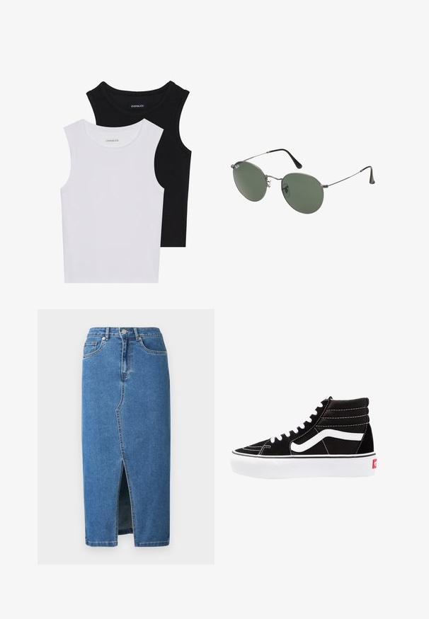 Duas blusas sem mangas em preto e branco, feitas de algodão canelado, com decotes redondos e um design ajustado. Etiquetas visíveis em ambas.; Saia midi de ganga azul. Apresenta uma fenda frontal, cintura alta e design com cinco bolsos. Costura clássica e detalhes em metal.; Tênis altos pretos com cadarços brancos, um logo branco e costuras brancas contrastantes. Apresenta uma sola branca grossa e um cabedal em camurça texturizada.; Óculos de sol com armação metálica e lentes verdes ovais. Armação fina em metal prateado e pontas das orelhas pretas. Design minimalista, sem logótipos visíveis.