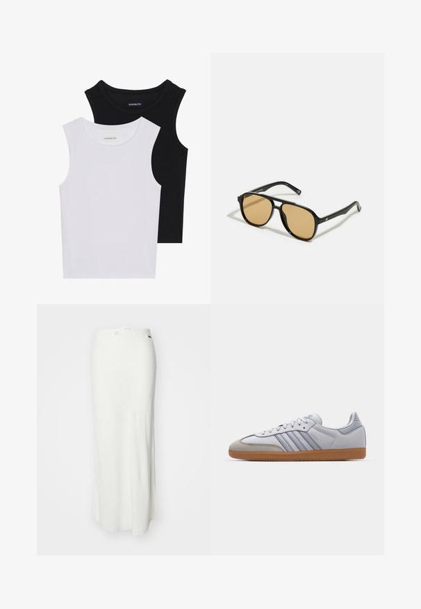 Two sleeveless tops in black and white, made of ribbed cotton, featuring round necklines and a fitted design. Labels visible on both.; White maxi skirt made of lightweight fabric with a smooth texture, featuring an elastic waistband with a drawstring for adjustment.; White leather sneakers with light blue accents, grey suede toe, and a brown rubber sole. Features three blue stripes and "Samba" branding.; Black sunglasses with brown tinted lenses; rectangular shape with a thick frame, including subtle hardware accents on the temples.
