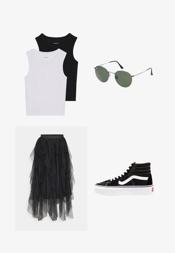 Dve bezrukávové topy v čiernej a bielej farbe, vyrobené z rebrovanej bavlny, s okrúhlym výstrihom a priliehavým strihom. Viditeľné štítky na oboch.; Čierna tylová sukňa s vrstvenými volánmi, so širokým elastickým pásom a rôznymi délkami. Priehľadná textúra zvyšuje vizuálnu hĺbku.; Čierne vysoké tenisky s bielymi šnúrkami, bielym logom a kontrastným bielym prešívaním. Majú hrubú bielu podrážku a textúrovaný semišový zvršok.; Sunglass s metalovým rámom s oválnymi zelenými šošovkami. Tenký strieborný kovový rám a čierne štuple za uši. Minimalistický dizajn, bez viditeľných log.