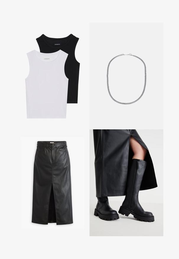 Două topuri fără mâneci, în alb și negru, fabricate din bumbac ribbed, având decolteuri rotunde și un design ajustat. Etichetele sunt vizibile pe ambele.; Fustă din piele ecologică neagră cu slit frontal, talie înaltă și stil clasic de blugi. Dispune de buzunare și detalii cu cusături pentru un plus de textură.; Cizme negre până la genunchi cu talpă masivă, textură de piele netedă, fermoar lateral și design minimalist, asortate cu o fustă neagră cu fanta.; Colier din metal argintiu cu un lanț gros, cu link-uri interconectate, textură lustruită și un mic închizător cu detaliu de branding.