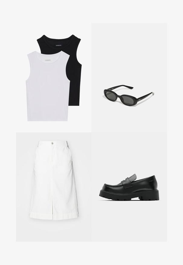 Du kamščių be rankovių juodos ir baltos spalvų, pagaminti iš banguoto medvilnės, su apvaliais kaklo iškirpimais ir priglundančiu siluetu. Matomi etiketės abiejuose.; Balta džinsinė sijonas su tiesiu kirpimu, priekiniu skeltuku ir vienu metaliniu mygtuku juosmens srityje. Įtraukta šoninės kišenės ir pritaikytas kraštas.; Juodi odiniai loafersai su storu tekstūruotu padu, turintys dirželį per vampą ir lygų, blizgantį paviršių.; Juodos saulės akiniai su ovaliais lęšiais, blizgiai plastikinis rėmas ir plonos kojelės. Šone matomas balta Ray-Ban logo.