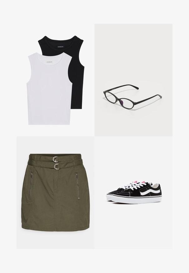 Duas blusas sem mangas em preto e branco, feitas de algodão canelado, com decotes redondos e um design ajustado. Etiquetas visíveis em ambas.; Saia verde-oliva com um cós com dois anéis prateados, dois bolsos laterais com fecho éclair e um design reto e ajustado.; Sapatilhas de camurça preta com atacadores brancos, apresentando uma proeminente faixa lateral branca e sola de borracha preta, destacando detalhes de costura em contraste.; Óculos de plástico pretos com formato oval, apresentando lentes transparentes e um destaque roxo na lente esquerda. Design elegante e minimalista.