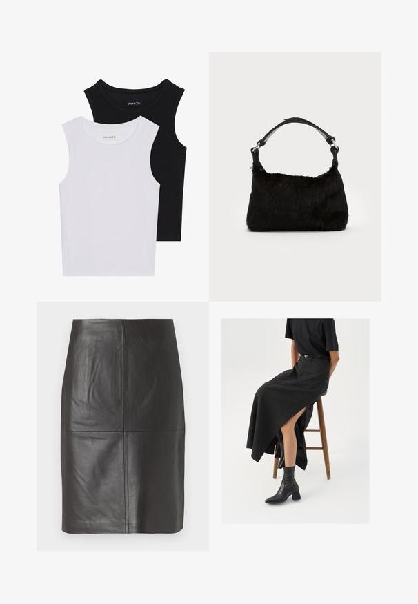 Two sleeveless tops in black and white, made of ribbed cotton, featuring round necklines and a fitted design. Labels visible on both.; Black leather skirt with a smooth texture, featuring vertical seams and a straight cut design. No visible hardware or accents.; Black linen maxi skirt with a high slit, worn with a black t-shirt and black ankle boots. Minimalistic design with a relaxed fit.; Black faux fur handbag with a soft texture, rounded shape, and a sturdy black leather shoulder strap. Silver hardware accents visible.