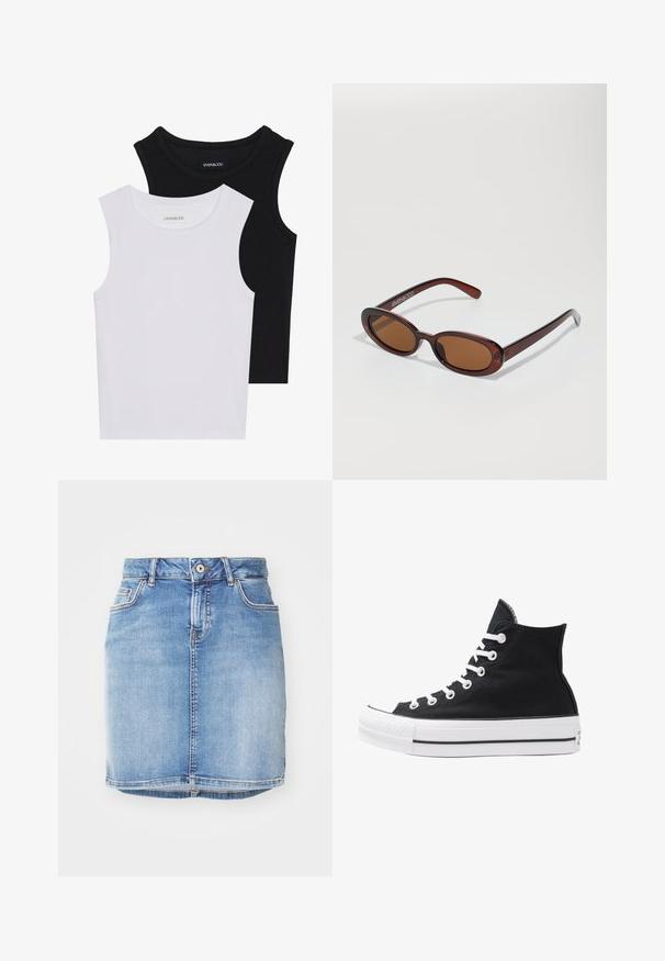 Dos camisetas sin mangas en negro y blanco, hechas de algodón acanalado, con escote redondo y un diseño ajustado. Etiquetas visibles en ambas.; Falda de mezclilla azul claro con un diseño ajustado, cinco bolsillos y costuras visibles. Cuenta con un cierre de botón en el frente y detalle de dobladillo deshilachado.; Zapatilla alta de lona negra con ojales, cordones y suela de goma blanca. Presenta una puntera texturizada y acentos en negro y blanco.; Gafas de sol redondas con tinte marrón y un marco burdeos brillante. Patillas delgadas con un sutil detalle de marca. Diseño de lentes planos.