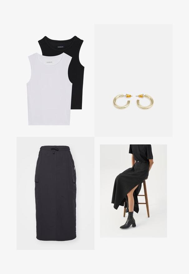 Două topuri fără mâneci, în alb și negru, fabricate din bumbac ribbed, având decolteuri rotunde și un design ajustat. Etichetele sunt vizibile pe ambele.; Fustă cargo neagră cu bandă de șnur la talie, buzunare laterale și siluetă dreaptă, realizată dintr-un material ușor. Design simplu și practic.; Fustă maxi din in negru cu o fanta înaltă, purtată cu un tricou negru și cizmulițe negre până la gleznă. Design minimalistic cu o croială lejeră.; Cercei tip cerc cu tonuri de aur, având o formă netedă și rotundă, cu o finisare lustruită. Prezentază accente portocalii pe spate pentru o prindere sigură.