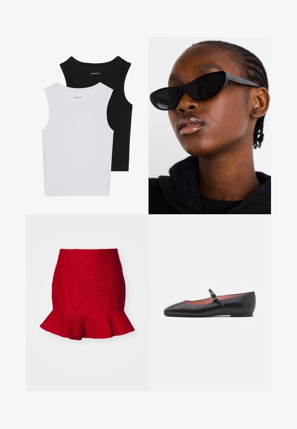 Dwie bezrękawniki w kolorze czarnym i białym, wykonane z prążkowanej bawełny, z okrągłymi dekoltami i dopasowanym fasonem. Widoczne etykiety na obu.; Czerwona mini spódnica o teksturalnej fakturze z falbaniastym dołem. Wykonana z tkaniny plecionej, charakteryzuje się dopasowanym krojem i subtelnym wzorem na całej powierzchni.; Czarne skórzane płaskie buty z wydłużonym noskiem i paskiem na kostkę z złotym zapięciem. Gładka tekstura o lekko błyszczącym wykończeniu.; Czarne okulary przeciwsłoneczne w stylu cat-eye z matowym wykończeniem, charakteryzujące się eleganckim designem i delikatnie zaokrąglonymi krawędziami, na tle ciemnego ubrania modelki.; Srebrne kolczyki w formie kółek o gładkim, polerowanym wykończeniu. O okrągłym kształcie i pewnym zapięciu na klik. Lekka konstrukcja odpowiednia do codziennego noszenia.