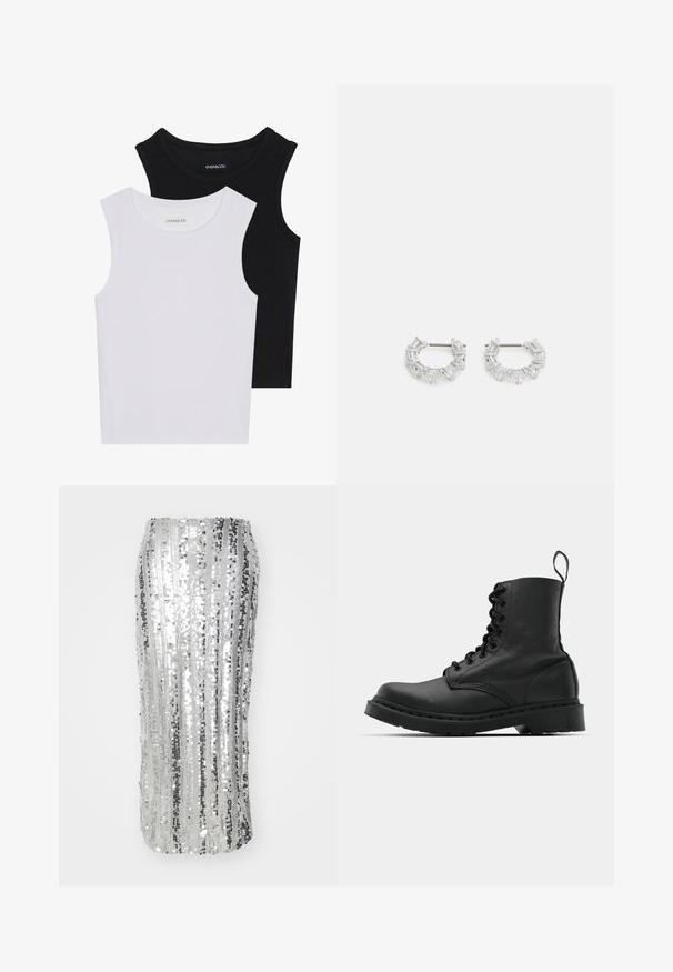 Két ujjatlan felső fekete és fehér színben, bordás pamutból készült, kerek nyakkivágással és testhez simuló fazonnal. Mindkettőn látható címke.; Ezüst flitteres ceruza szoknya függőleges csíkokkal, testhezálló fazonnal és sima, csillogó textúrával. Elegáns dizájn, amely alkalmas formális viseletre.; Fekete bőr harci csizma, kerek orral, fűzős elülső résszel és húzófüllel a bokánál. Vastag gumitalp jellemzi, amely tartósságot biztosít.; Ezüst karika fülbevalók, átlátszó, téglalap és háromszög alakú kristályokkal, mintás elrendezésben. Biztonságos rögzítést biztosító fülbevaló pálcikák.