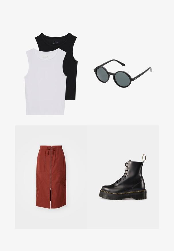 Kaksi hihattomaa toppia mustana ja valkoisena, valmistettu ribbikankaasta, jossa on pyöreät kaula-aukot ja tiukka muotoilu. Tunnisteet näkyvät molemmissa.; Keski-pitkä hame terrakottapunaisena, jossa on etuvetoketju, joustava vyötärönyöri ja sivutaskut, joihin on painettu geometrinen kuvio.; Mustat nahkasaappaat, joissa on nyöritys nilkkoihin asti, paksu musta pohja ja keltaset ompeleet. Takana vetotappi ja pyöreät metalliset silmukat.; Pyöreät aurinkolasit, joissa on musta muovikehys ja tummanharmaat linssit. Varusteena ohuet, suorat sanganäytteet minimalistisilla yksityiskohdilla.