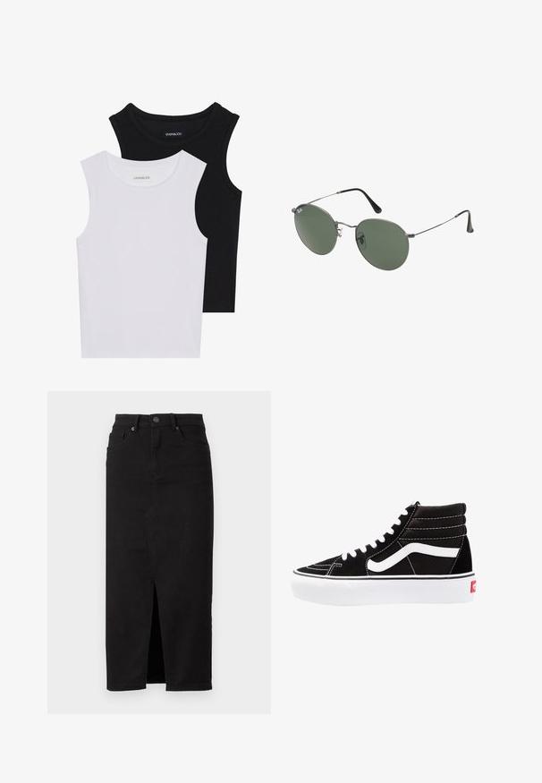 Två ärmlösa toppar i svart och vitt, tillverkade av ribbat bomull, med rund halsringning och en figurpassande design. Etiketter synliga på båda.; Svart jeanskjol med franslits framtill, hög midja och traditionell femficksdesign. Slät textur och klassisk skärning.; Svarta hög top sneakers med vita snören, en vit logotyp och kontrasterande vita sömmar. Har en tjock vit sula och texturerad mockaöverdel.; Metallinramade solglasögon med ovala gröna linser. Tunn silvermetallram och svarta öronpluggar. Minimalistisk design, inga synliga logotyper.