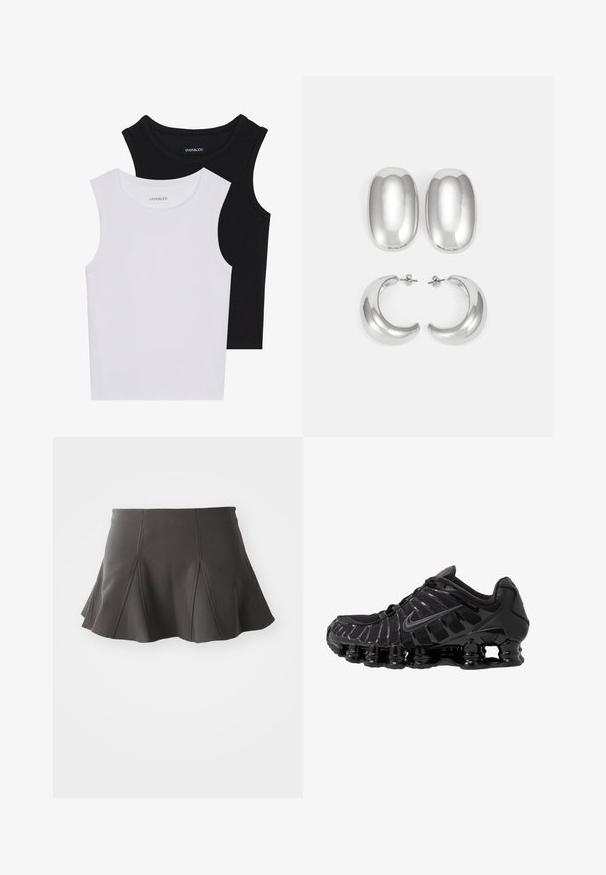 Dva majica bez rukava u crnoj i bijeloj boji, izrađene od rebrastog pamuka, s okruglim izrezima i prianjajućim dizajnom. Oznake su vidljive na obje.; Crna lepršava suknja s uskim pojasom, koja ima vertikalne šavove i glatku teksturu. Rub suknje je blago zakrivljen i iznad sredine bedra.; Crne atletske cipele s mrežastim gornjim dijelom i sjajnim premazima. Imaju zakrivenu zavojnicu za amortizaciju i teksturirane linije sa strane. Vidljiv Nike logo.; Set srebrnih naušnica: dva ovalna studa i dva polumjesečasta obruča, s sjajnom, glatkom završnom obradom i zaobljenim dizajnom.