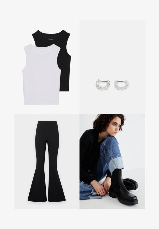 To stribede toppe i sort og hvid, lavet af ribbet bomuld, med runde halsudskæringer og en tætsiddende pasform. Etiketter synlige på begge.; Sorte flarebukser lavet af strækbart stof med en glat tekstur, med høj talje og brede ben i klokkeform.; Sorte ankelstøvler med elastiske sidepaneler, tyk sål og firkantet tå. Båret med slidte blå jeans med en frynset kant.; Sølv hoop øreringe med klare, rektangulære og triangulære krystaller arrangeret i et mønstret design. Stik til sikker fastgørelse.