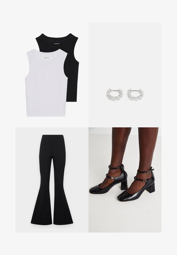 Deux hauts sans manches en noir et blanc, en coton côtelé, avec des encolures rondes et une coupe ajustée. Étiquettes visibles sur les deux.; Pantalons noirs évasés en tissu extensible avec une texture lisse, présentant une taille haute et des jambes évasées en forme de cloche.; ALDO KAERI - Escarpins - black; Boucles d'oreilles en argent en forme de créoles avec des cristaux clairs, rectangulaires et triangulaires disposés en motif. Fermeture à tige pour un maintien sûr.