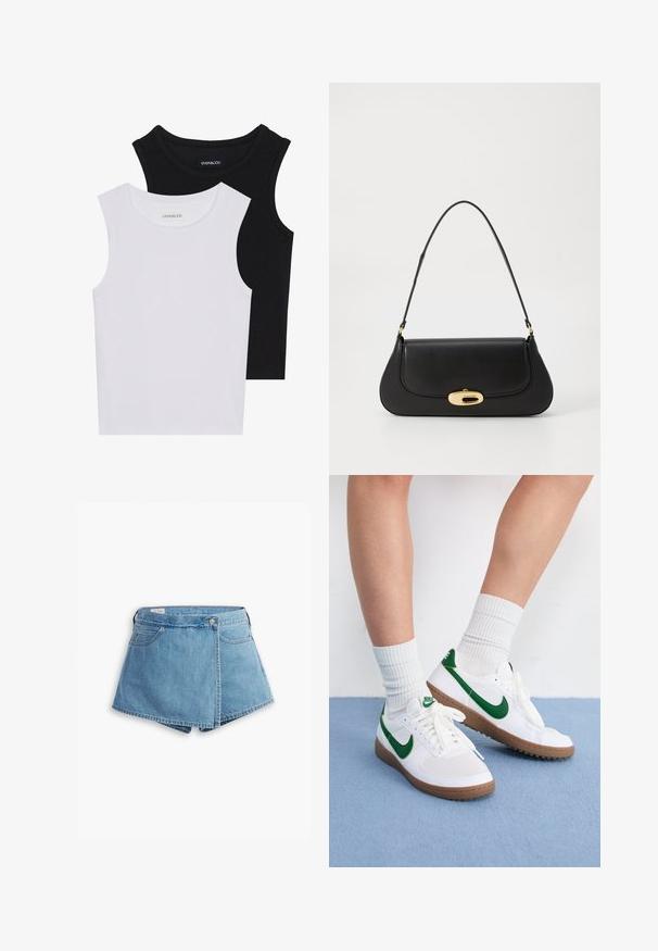 Két ujjatlan felső fekete és fehér színben, bordás pamutból készült, kerek nyakkivágással és testhez simuló fazonnal. Mindkettőn látható címke.; Világoskék farmer rövidnadrág, csavart kialakítással, elülső zsebekkel és fémből készült gombos záródással. Sima textúra, varrott szélekkel.; Fehér sportcipők zöld részletekkel és logóval. Gumitalp barna textúrával. Fűzős dizájn, fehér bordázott zoknikkal párosítva.; Fekete bőr táska ívelt kialakítással, arany színű fémrészletekkel és felső fogantyúval. Csúszásmentes záródás és sima textúra jellemzi.