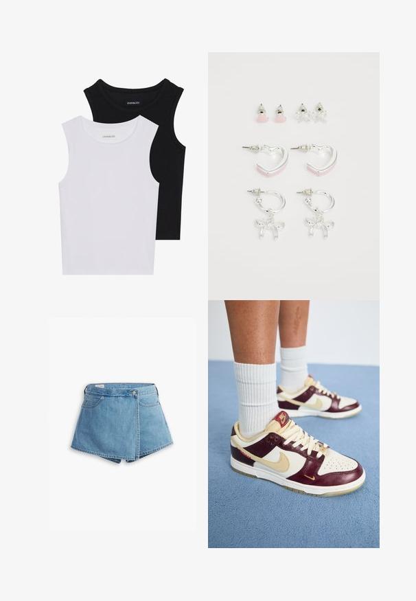 Duas blusas sem mangas em preto e branco, feitas de algodão canelado, com decotes redondos e um design ajustado. Etiquetas visíveis em ambas.; Bermuda de ganga em azul claro, com um design envolvente, bolsos frontais e fecho com botão metálico. Textura suave com bordas cosidas.; Os ténis Nike Dunk apresentam uma base de couro branco, com realces em marrom profundo e detalhes em creme. Sola de borracha texturizada com realces em bege.; Conjunto de quatro brincos: dois brincos em forma de argola prateada com detalhes em rosa, dois brincos de pressão em forma de coração e laço, todos com acabamentos metálicos brilhantes.