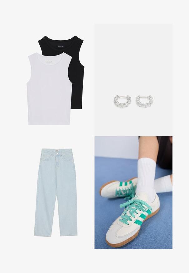 Two sleeveless tops in black and white, made of ribbed cotton, featuring round necklines and a fitted design. Labels visible on both.; Light blue wide-leg jeans made of denim, featuring a mid-rise waist, five pockets, and a button closure with a slim metal accent.; adidas Originals SAMBA OG - Trainers - off white/court green/hazy green; Silver hoop earrings featuring clear, rectangular and triangular crystals arranged in a patterned design. Posts for secure fastening.