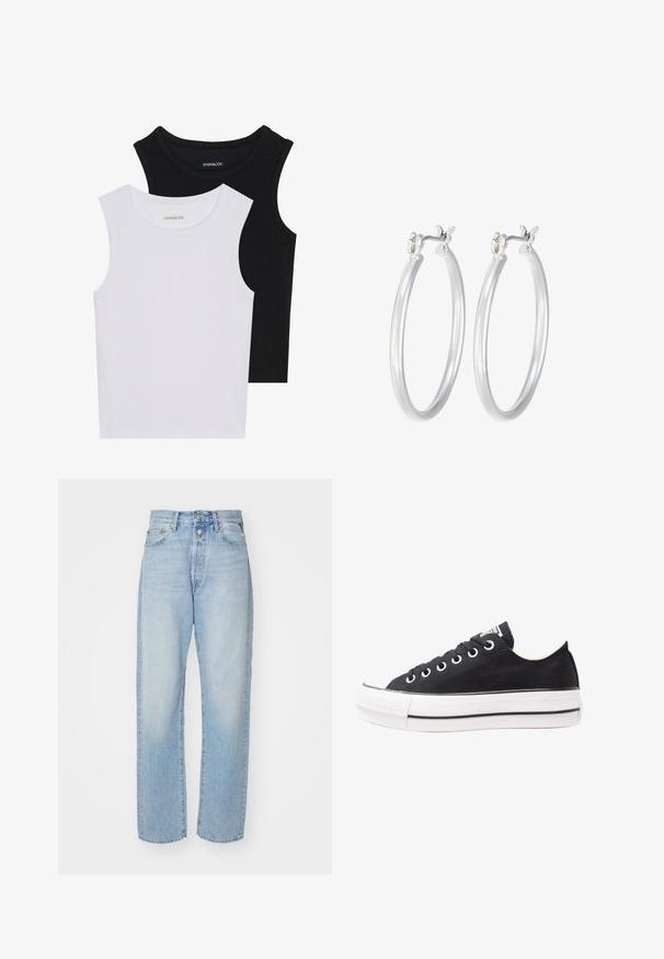 Du kamščių be rankovių juodos ir baltos spalvų, pagaminti iš banguoto medvilnės, su apvaliais kaklo iškirpimais ir priglundančiu siluetu. Matomi etiketės abiejuose.; Šviesiai mėlynos tiesios kojos džinsai, pagaminti iš džinsinio audinio, su aukštu liemeniu, penkių kišenių dizainu ir mygtukų užsegimu.; Juodas drobės sportbačių modelis su baltu gumuotu padu, apvalia nosimi, žemo profilio dizainu, metalinėmis akytėmis ir tekstūruotu priekiniu kraštu. Plona juoda juostelė palei padą.; Sidabriniai auskarai su sklandžiu, poliruotu paviršiumi. Apvalios formos ir saugus uždarymo mechanizmas. Lengvas dizainas, tinkantis kasdieniam dėvėjimui.