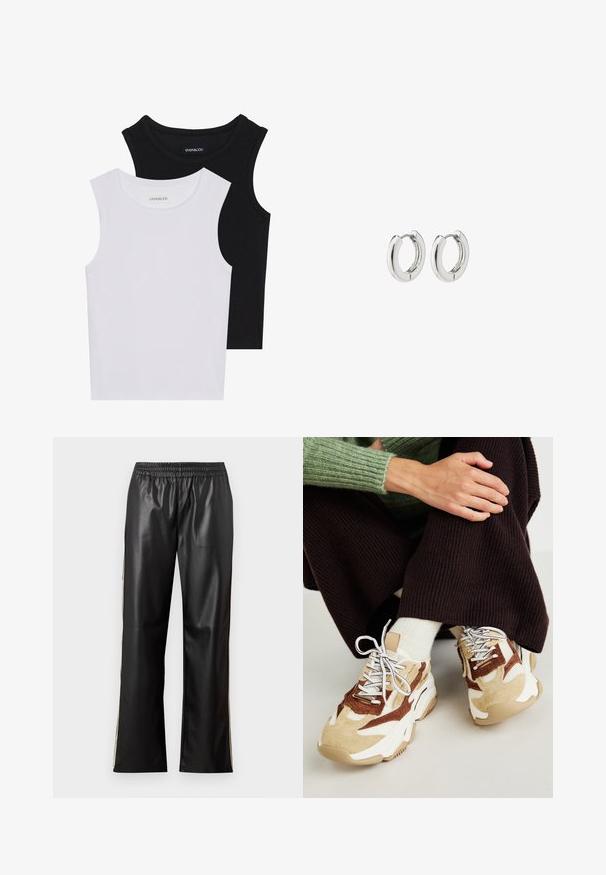 Two sleeveless tops in black and white, made of ribbed cotton, featuring round necklines and a fitted design. Labels visible on both.; Black faux leather pants with an elastic waistband, straight leg design, and contrasting side stripes. Smooth texture and minimalist style.; Steve Madden POSSESSIONE - Trainers - brown/sand; Silver hoop earrings with a polished finish, featuring a circular design and seamless hinges, displaying a smooth texture.