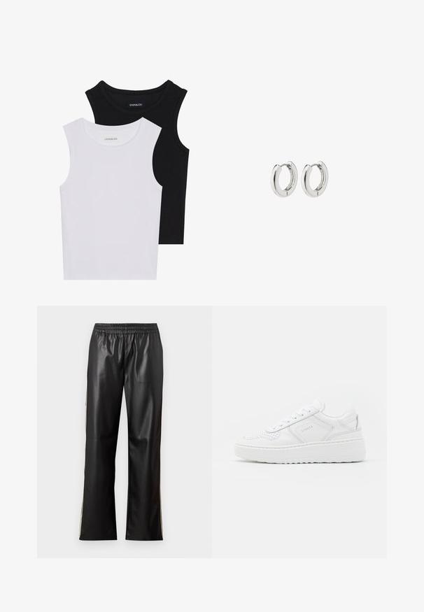 Zwei ärmellose Oberteile in Schwarz und Weiß, aus geripptem Baumwollstoff, mit runden Ausschnitten und einem taillierten Design. Etiketten auf beiden sichtbar.; Schwarze Kunstlederhosen mit elastischem Bund, geradem Bein-Design und kontrastierenden Seitenstreifen. Glatte Textur und minimalistischer Stil.; Weiße Sneakers mit einem glatten Lederoberteil, perforierten Details und einer dicken Gummisohle. Verfügt über minimale Branding-Elemente und ein Schnürdesign.; Silberne Creolen mit einem polierten Finish, die ein kreisförmiges Design und nahtlose Scharniere aufweisen und eine glatte Textur präsentieren.