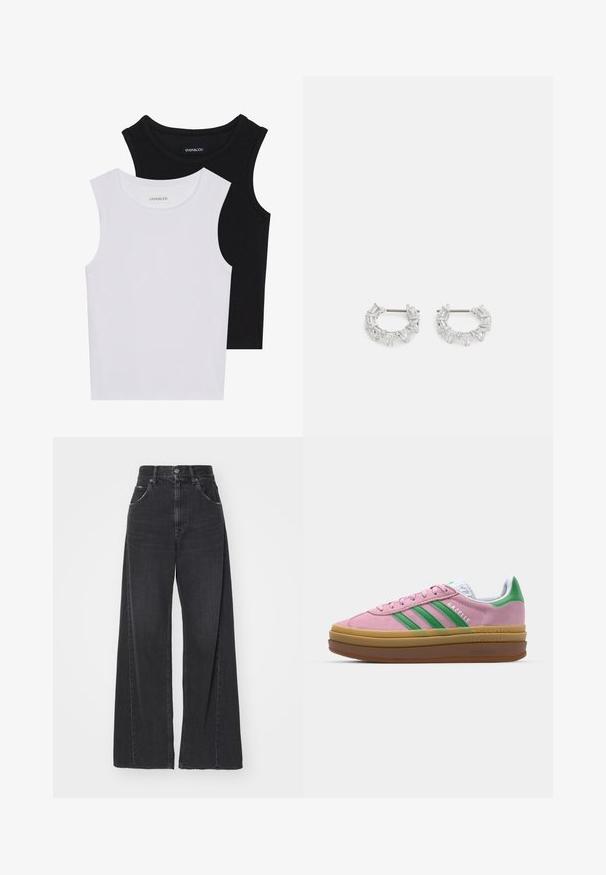 Duas blusas sem mangas em preto e branco, feitas de algodão canelado, com decotes redondos e um design ajustado. Etiquetas visíveis em ambas.; Jeans largos pretos feitos de denim com uma cintura alta, apresentando dois bolsos frontais e um design clássico de cinco bolsos.; Ténis de camurça rosa com riscas verdes, detalhes brancos e sola de borracha castanha. Apresenta tecido texturizado e detalhes de logótipo na lateral.; Brincos de argola prateados com cristais claros, retangulares e triangulares dispostos em um design padronizado. Pinos para um fecho seguro.