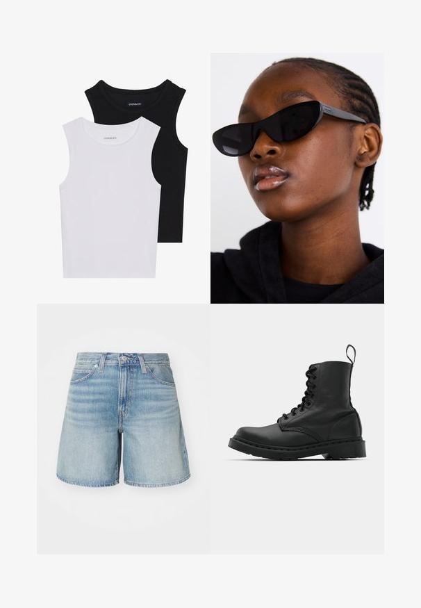 Dva majica bez rukava u crnoj i bijeloj boji, izrađene od rebrastog pamuka, s okruglim izrezima i prianjajućim dizajnom. Oznake su vidljive na obje.; Svijetloplave traper šortse s ravnim krojem, pet džepova, petlje za remen i blago razdrapanim rubom. Klasična tekstura i završna obrada traperica.; Crne kožne vojničke čizme s okruglim vrhom, vezicama sprijeda i petljom na gležnju. Imaju gusti gumeni potplat za izdržljivost.; Crne mačje naočale s mat finišem, koje imaju elegantan dizajn i blago zakrivljene rubove, postavljene na pozadini tamne odjeće modela.